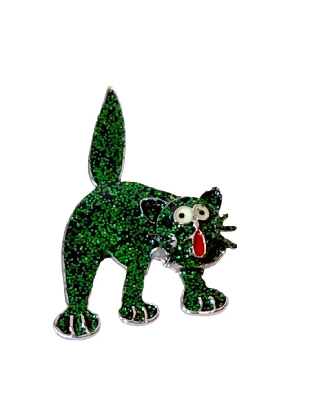 Halloween Green Glitter Cat Brooch Vtg 80s Funny Cartoon Kitty Spooky Pin Jewelr